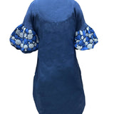 Blue Embroidered Balloon Sleeves And V-Neck Collar Long Dress With Spaghetti