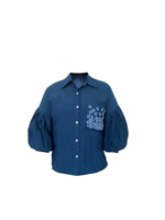 Blue Balloon Sleeves Face Embroidery Shirt With Rose Stich Button