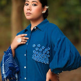 Blue Balloon Sleeves Face Embroidery Shirt With Rose Stich Button