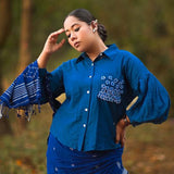 Blue Balloon Sleeves Face Embroidery Shirt With Rose Stich Button