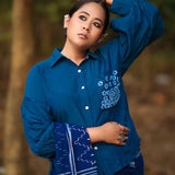 Blue Balloon Sleeves Face Embroidery Shirt With Rose Stich Button