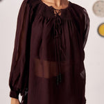 Amora Chocolate Brown Sheer Gathered Top - Western Era Tops for women