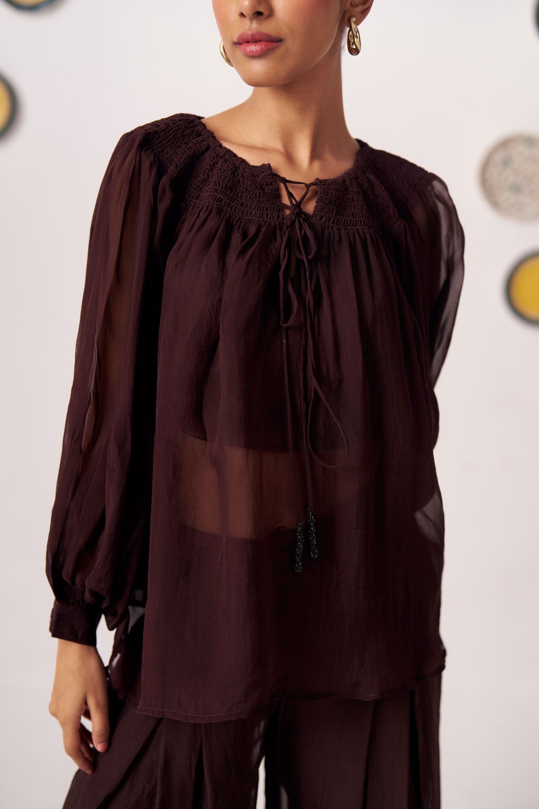 Amora Chocolate Brown Sheer Gathered Top - Western Era Tops for women
