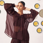 Amora Chocolate Brown Sheer Gathered Top - Western Era Tops for women