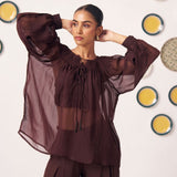 Amora Chocolate Brown Sheer Gathered Top - Western Era Tops for women