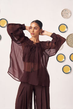 Amora Chocolate Brown Sheer Gathered Top - Western Era Tops for women