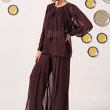 Amora Chocolate Brown Sheer Gathered Top - Western Era Tops for women
