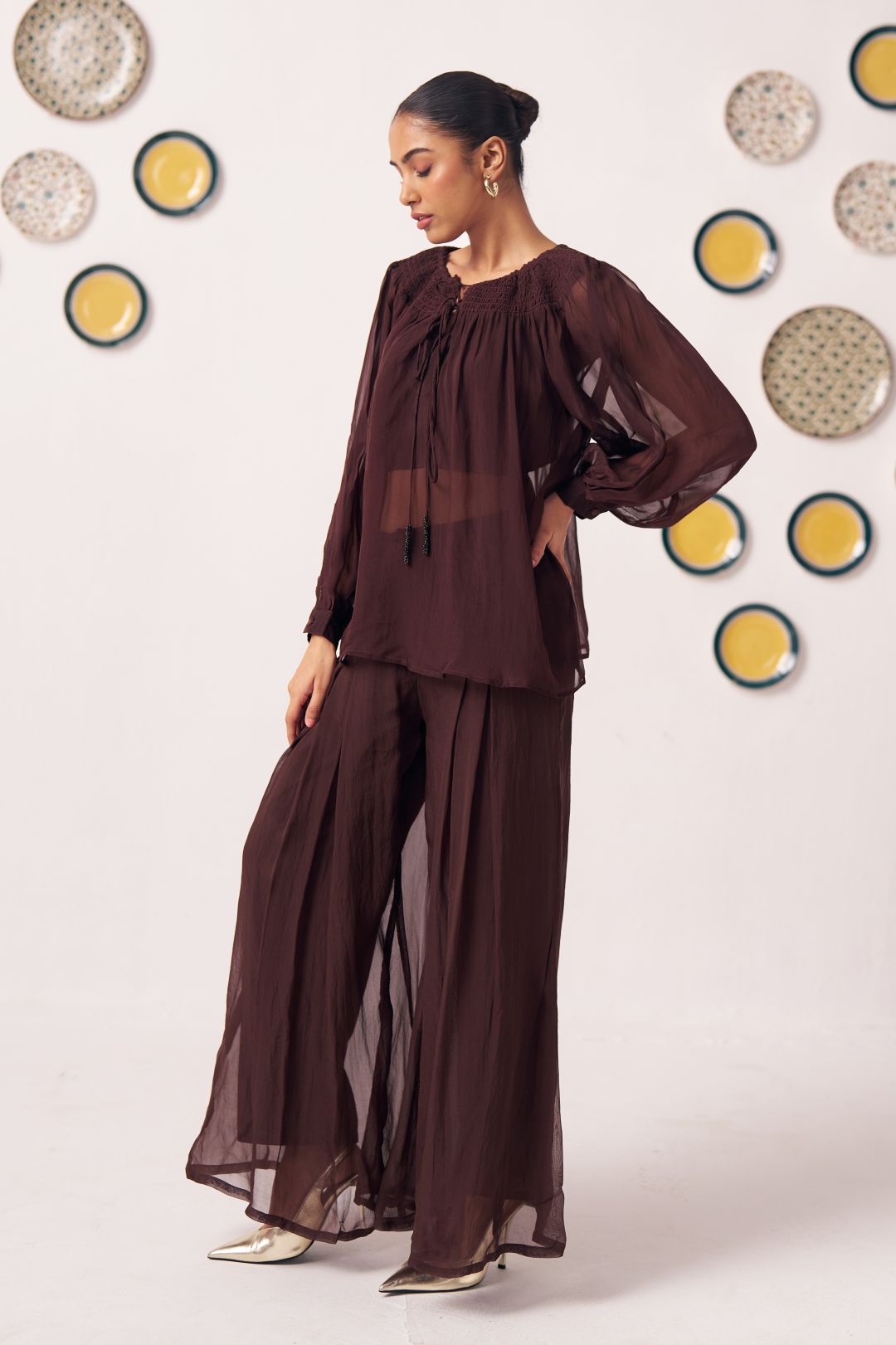 Amora Chocolate Brown Sheer Gathered Top - Western Era Tops for women