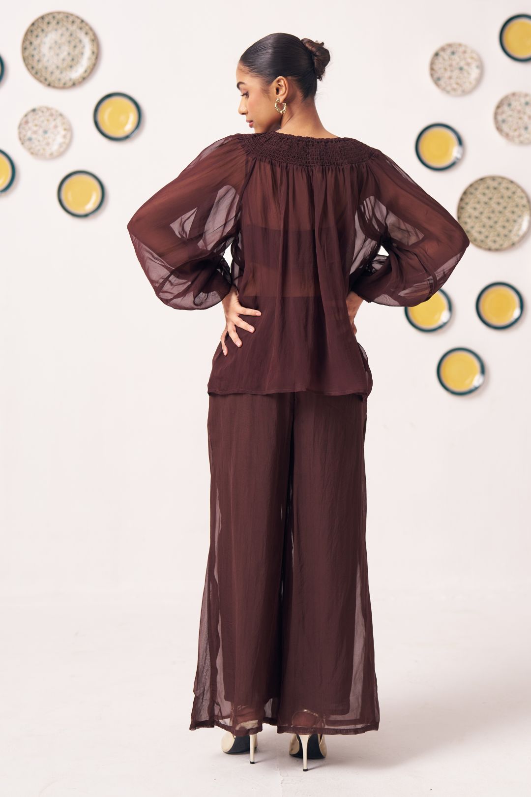 Amora Chocolate Brown Sheer Gathered Top - Western Era Tops for women