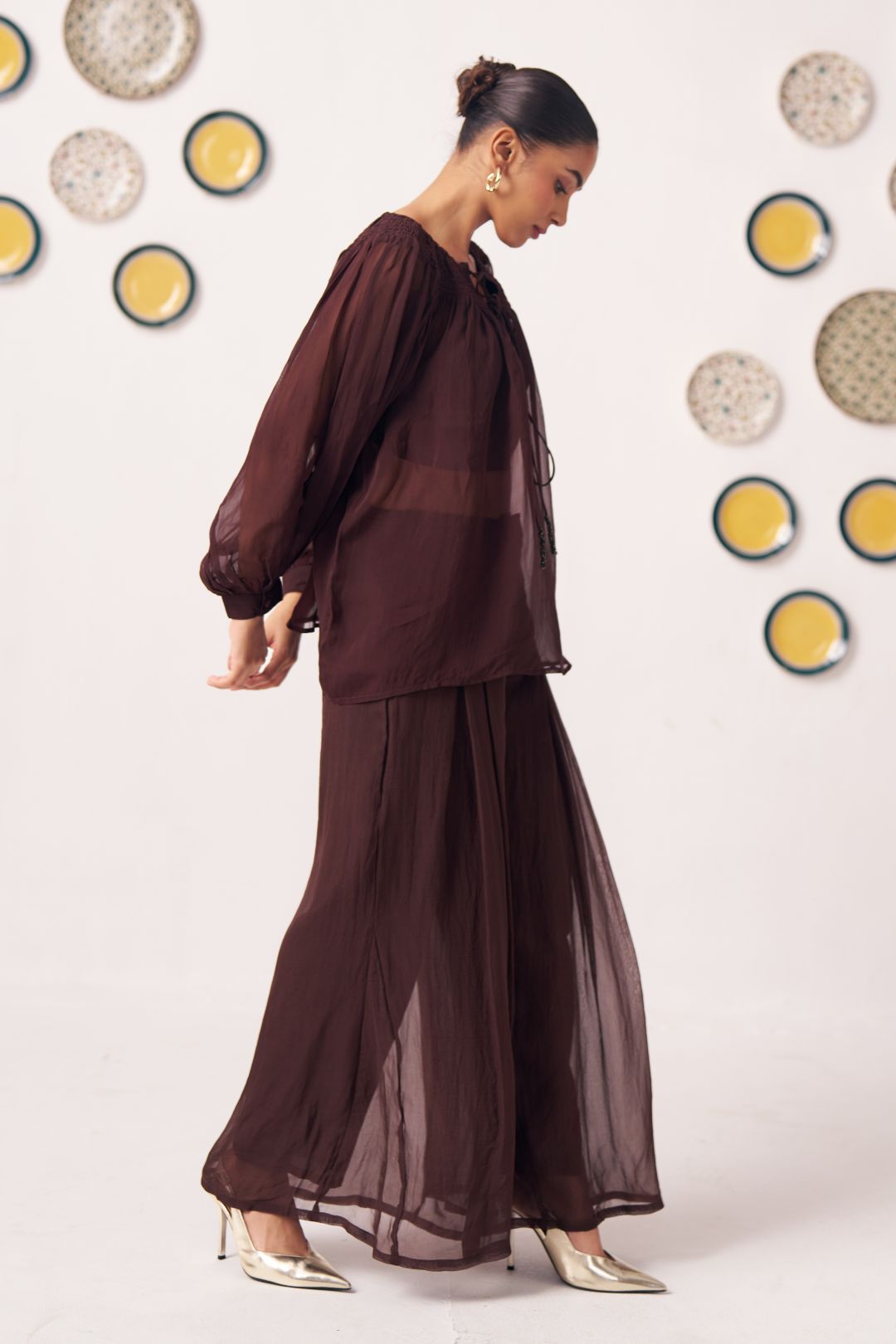 Amora Chocolate Brown Sheer Gathered Top - Western Era Tops for women