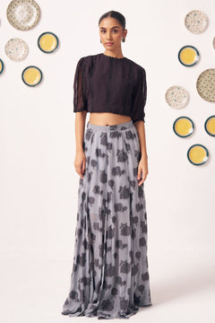Ashra Black Textured Crop Top & Grey Printed Maxi Skirt Co-Ord Set