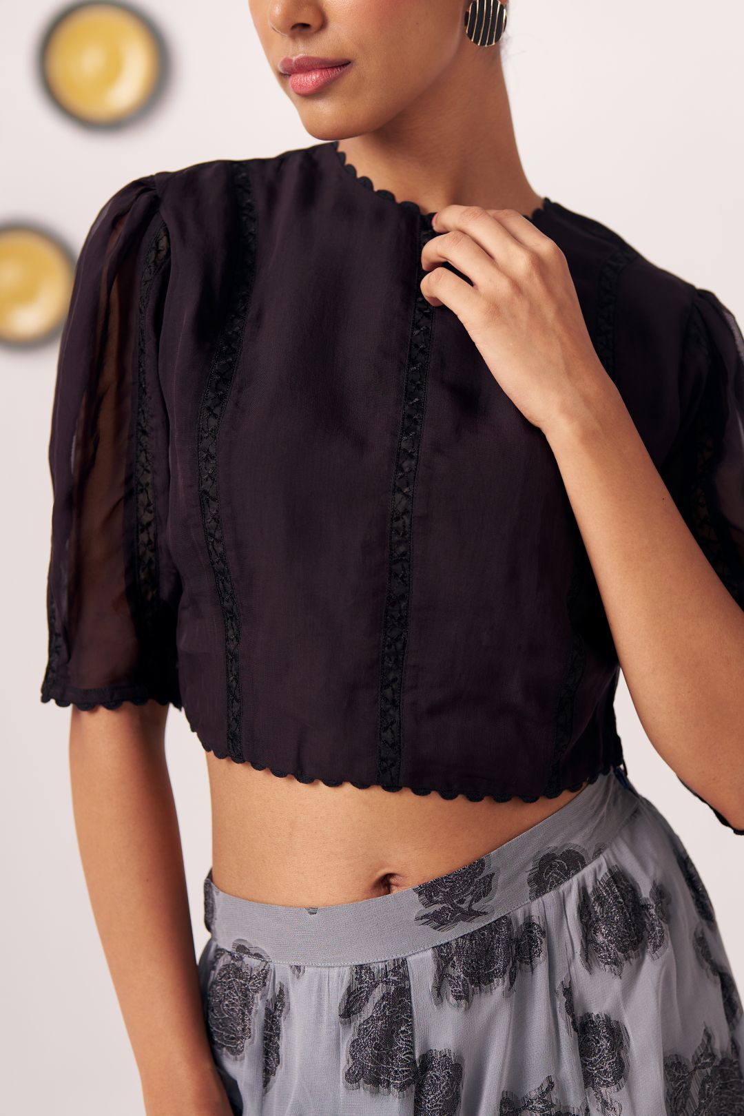 Ashra Black Textured Crop Top & Grey Printed Maxi Skirt Co - Ord Set - Western Era Co - ord set for women