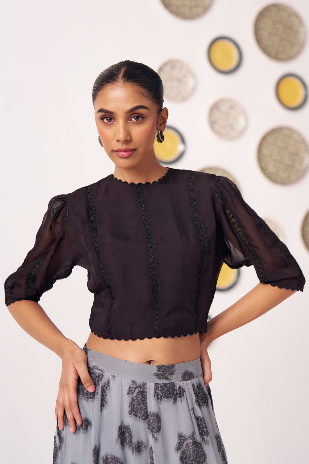 Ashra Black Textured Crop Top & Grey Printed Maxi Skirt Co - Ord Set - Western Era Co - ord set for women