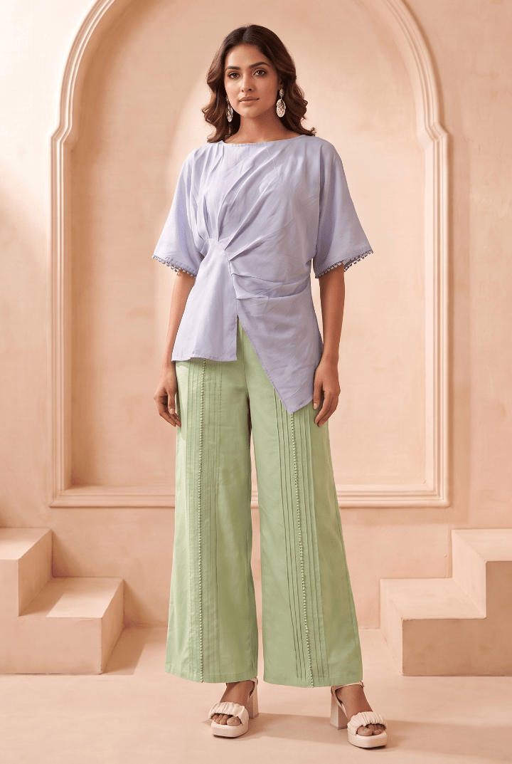Asymmetric Draped Overlay Top and Laced Straight Fit Trouser Set - Western Era Co-ord set for women