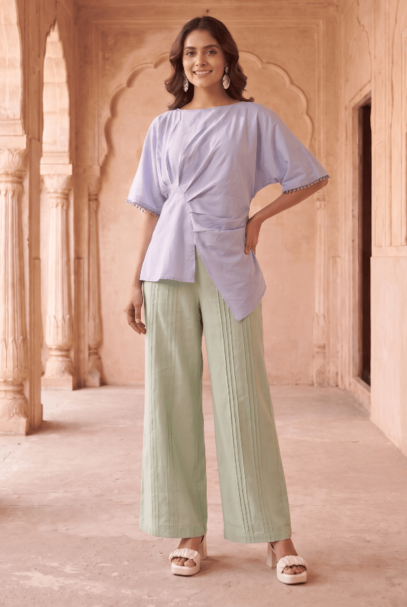 Asymmetric Draped Overlay Top and Laced Straight Fit Trouser Set - Western Era Co-ord set for women