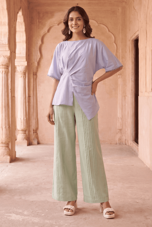 Asymmetric Draped Overlay Top and Laced Straight Fit Trouser Set