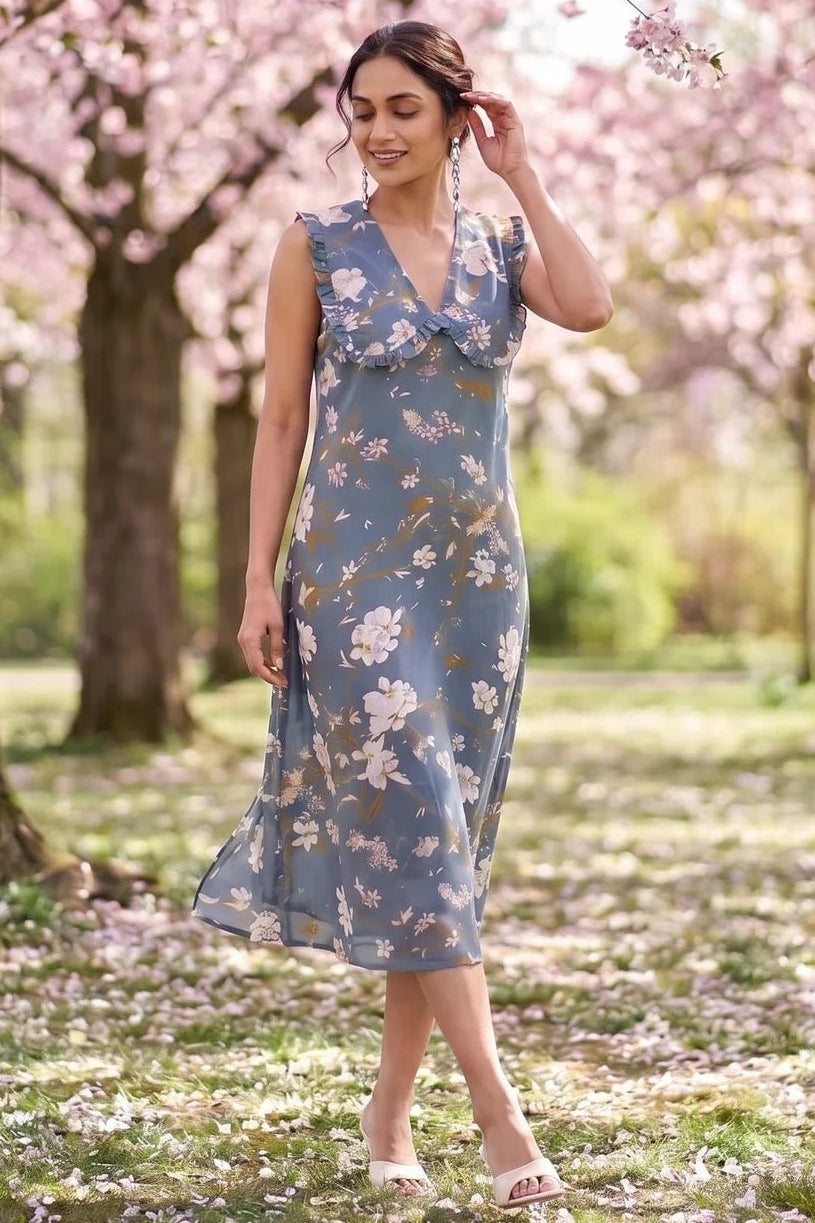 Azure Slate Blossom Ruffled Collar Yoke Dress - Western Era Dresses for women