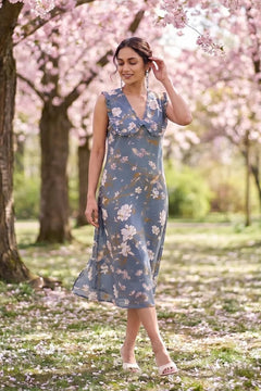 Azure Slate Blossom Ruffled Collar Yoke Dress - Western Era Dresses for women