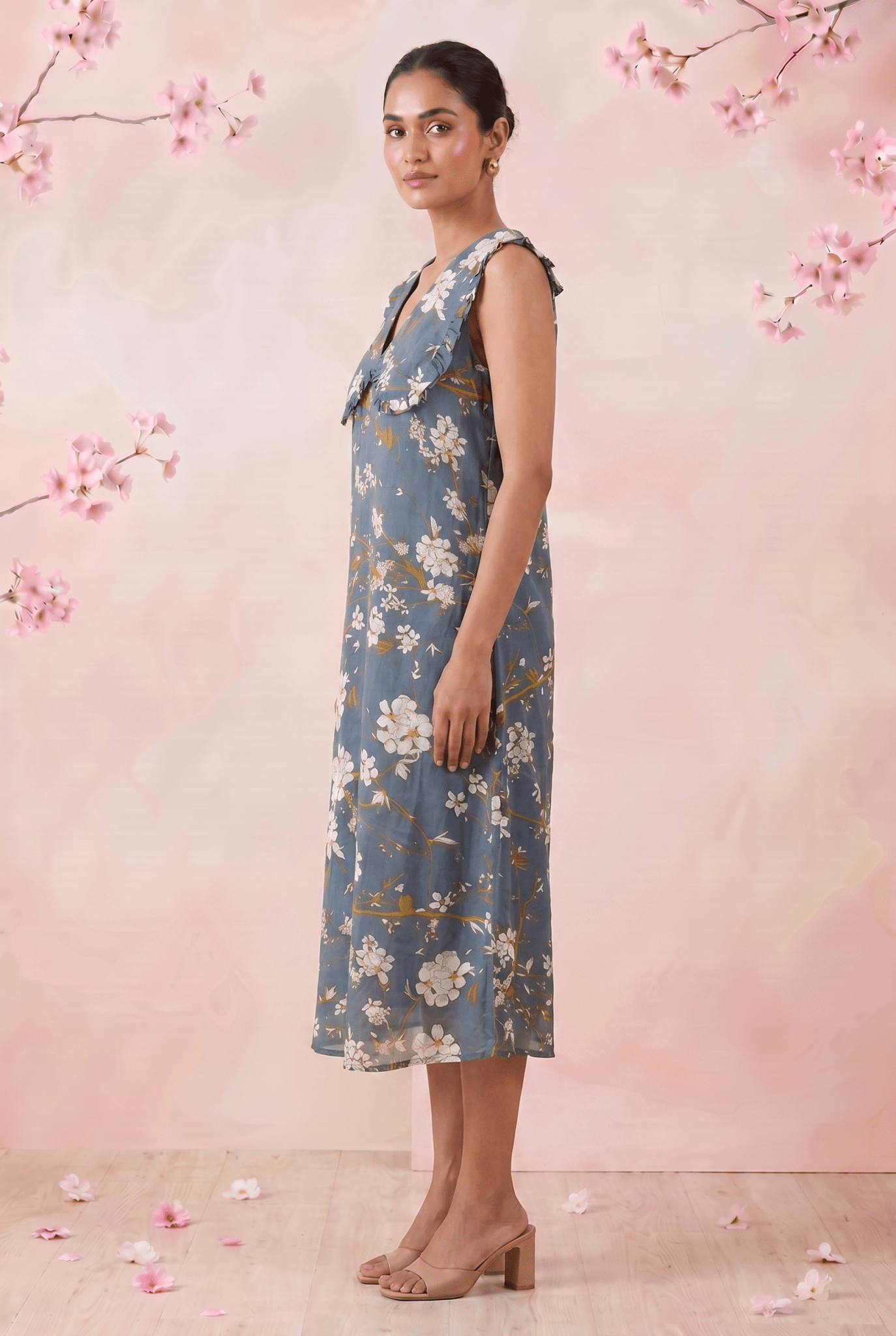 Azure Slate Blossom Ruffled Collar Yoke Dress - Western Era Dresses for women