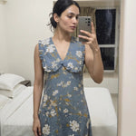 Azure Slate Blossom Ruffled Collar Yoke Dress - Western Era Dresses for women