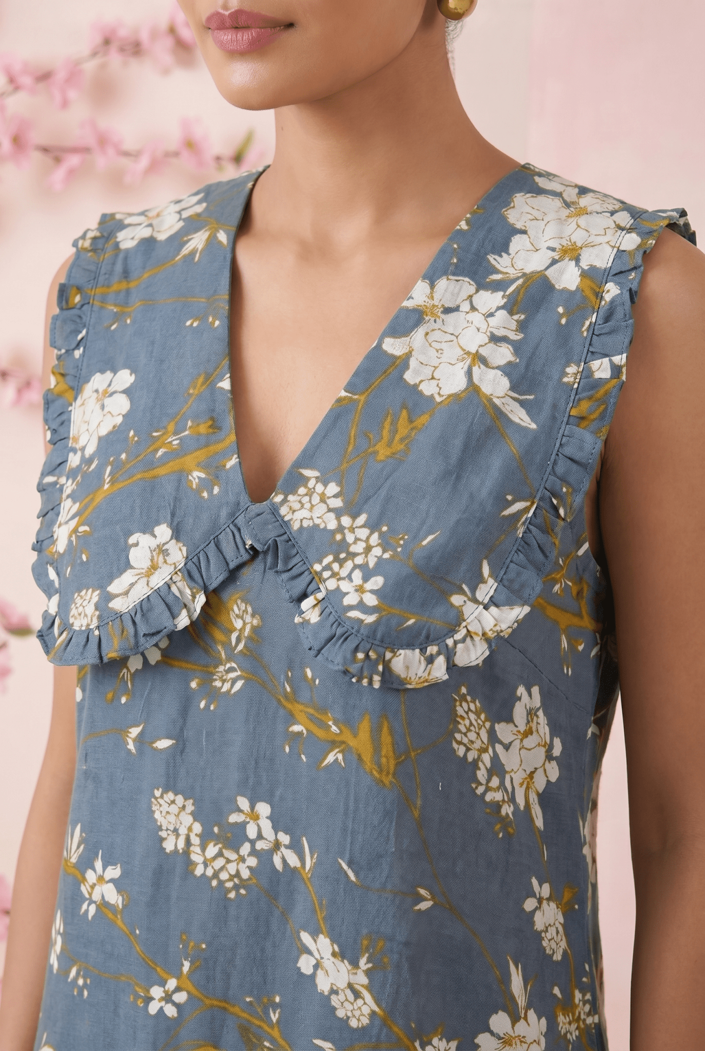 Azure Slate Blossom Ruffled Collar Yoke Dress - Western Era Dresses for women