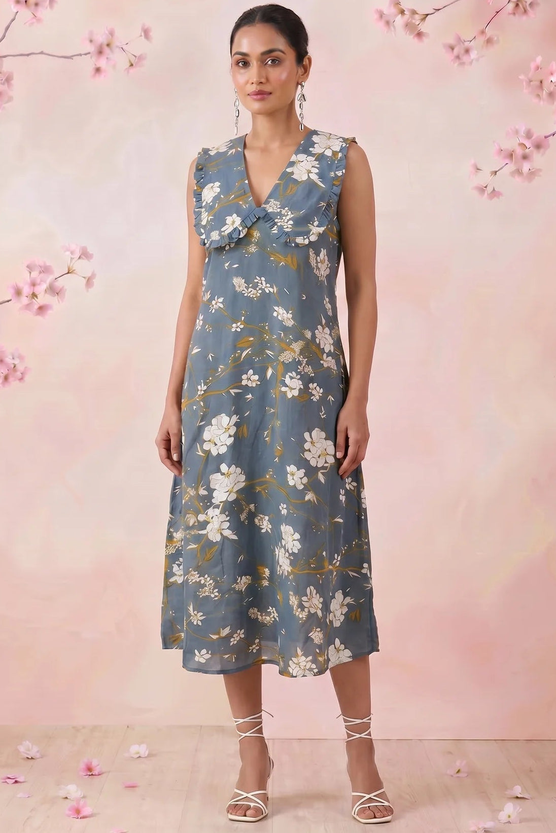 Azure Slate Blossom Ruffled Collar Yoke Dress - Western Era Dresses for women