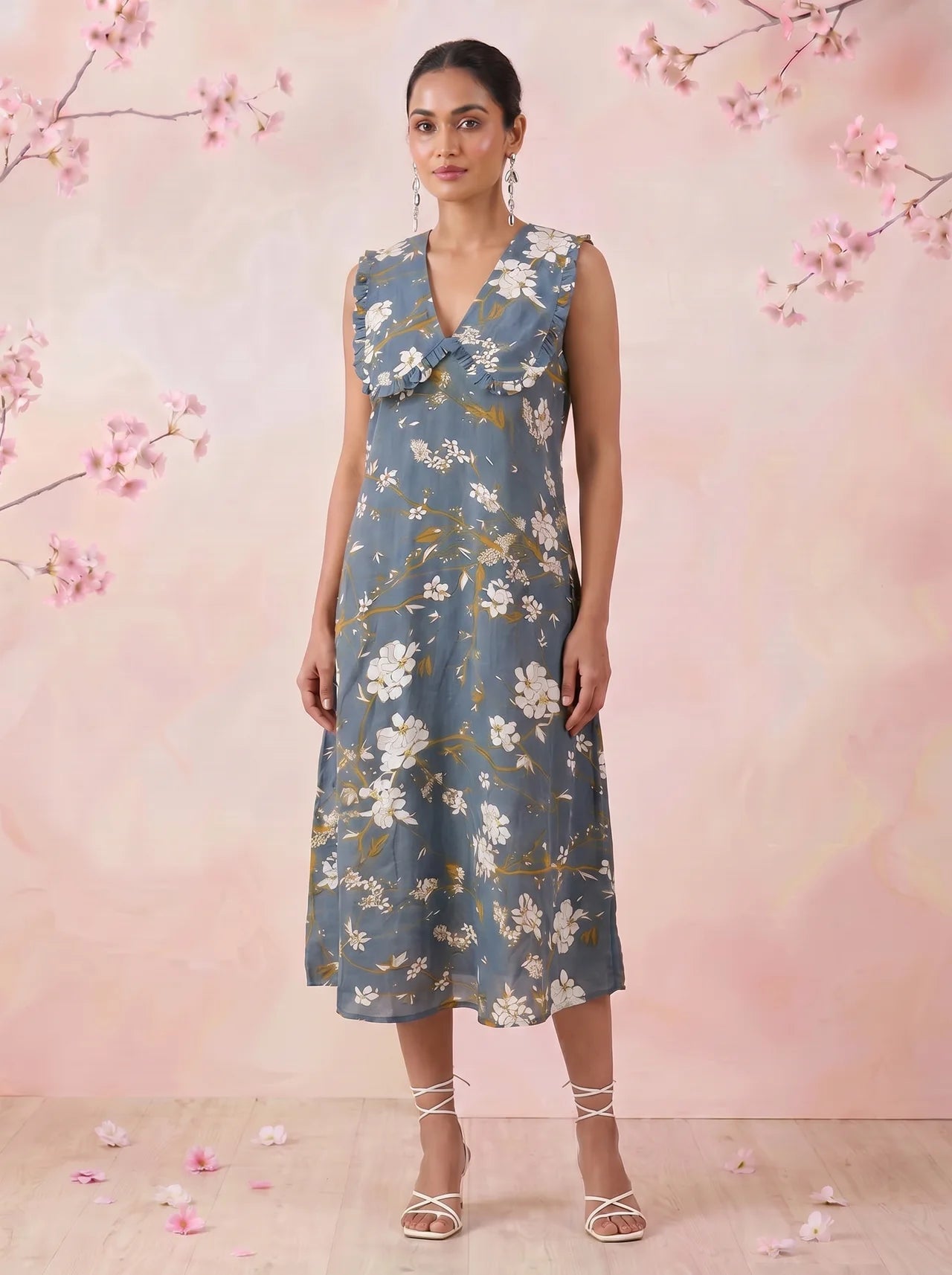 Azure Slate Blossom Ruffled Collar Yoke Dress - Western Era Dresses for women