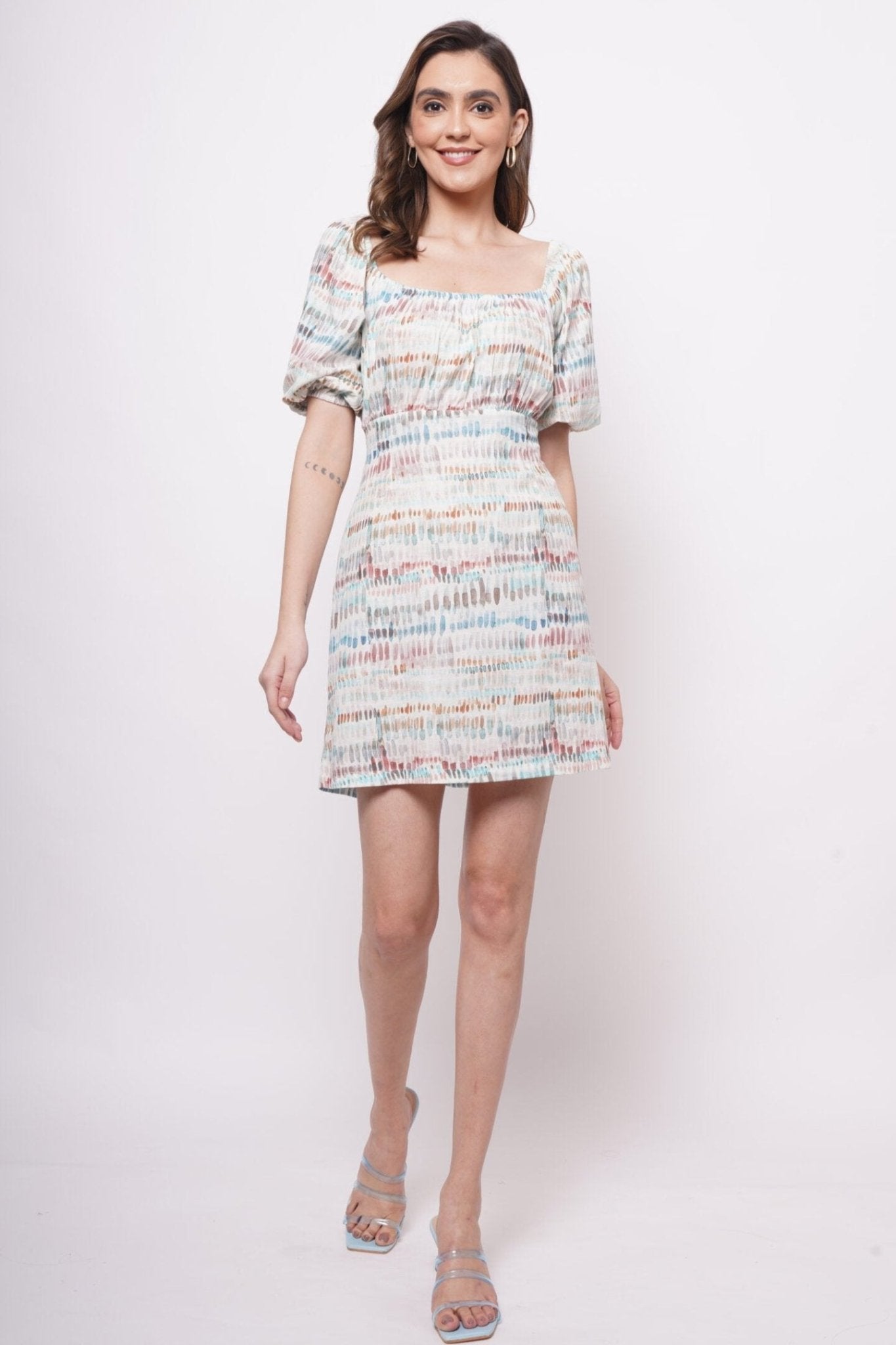 Beach Wear Multicolor Linen Print Short Dress - Western Era Dresses for women