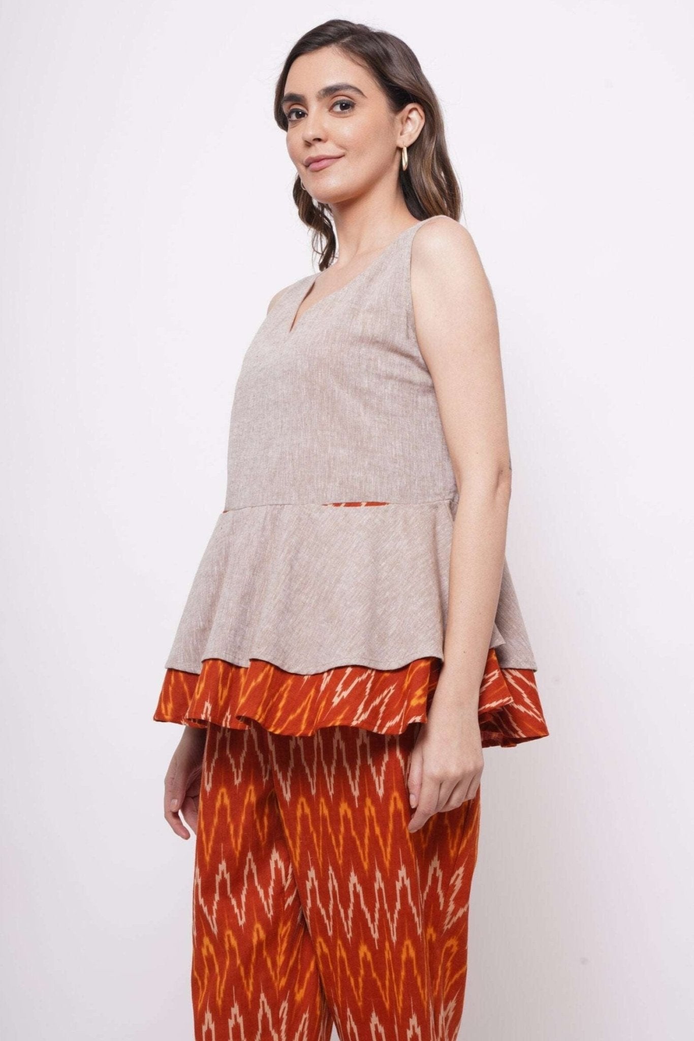 Beige Ikat Double Layer Top With Front Pockets - Western Era Tops for women