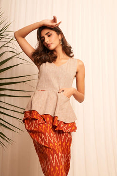 Beige Ikat Double Layer Top With Front Pockets