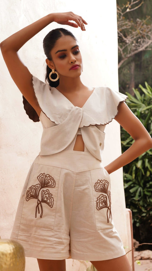 Beige Playsuit With Dori Embroidered Pockets And Scalloped Collar