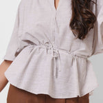 Beige Stripes Oversized Top With Drawstrings - Western Era Tops for women