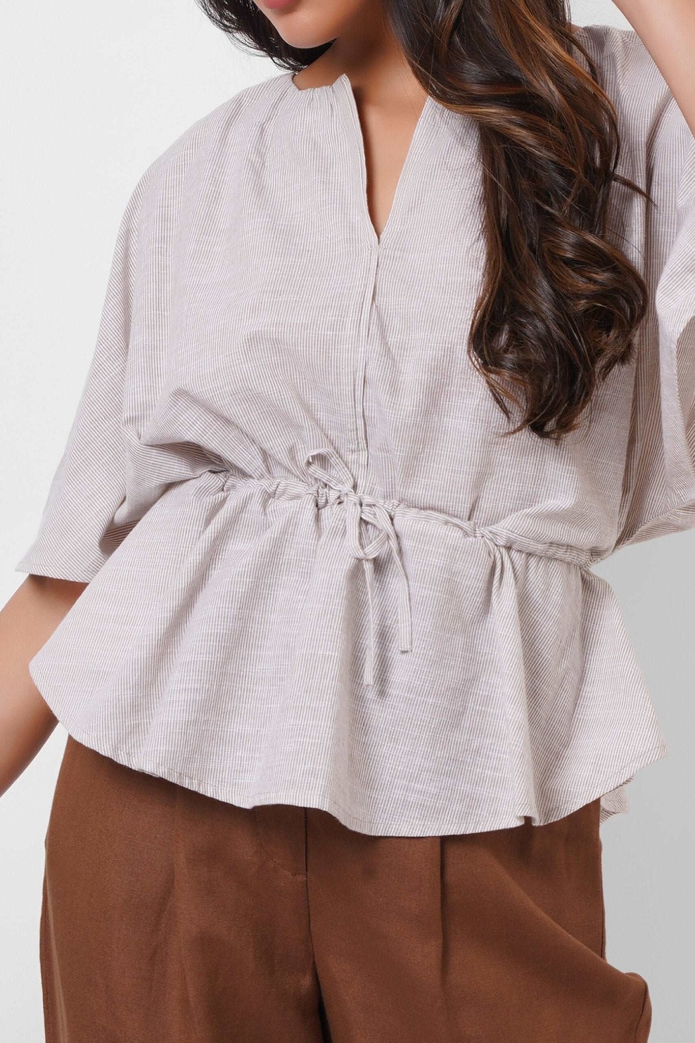 Beige Stripes Oversized Top With Drawstrings - Western Era Tops for women