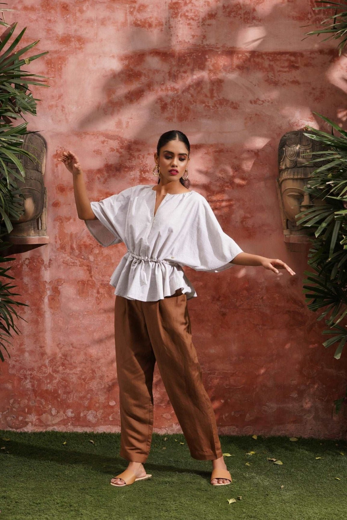 Beige Stripes Oversized Top With Drawstrings - Western Era Tops for women