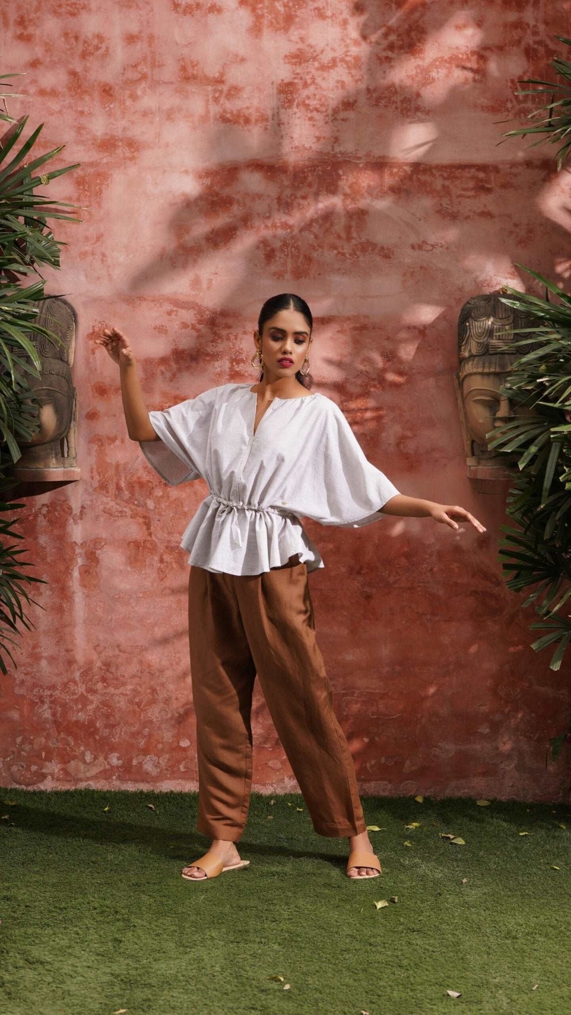 Beige Stripes Oversized Top With Drawstrings - Western Era Tops for women
