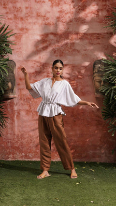 Beige Stripes Oversized Top With Drawstrings