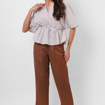 Beige Stripes Oversized Top With Drawstrings - Western Era Tops for women