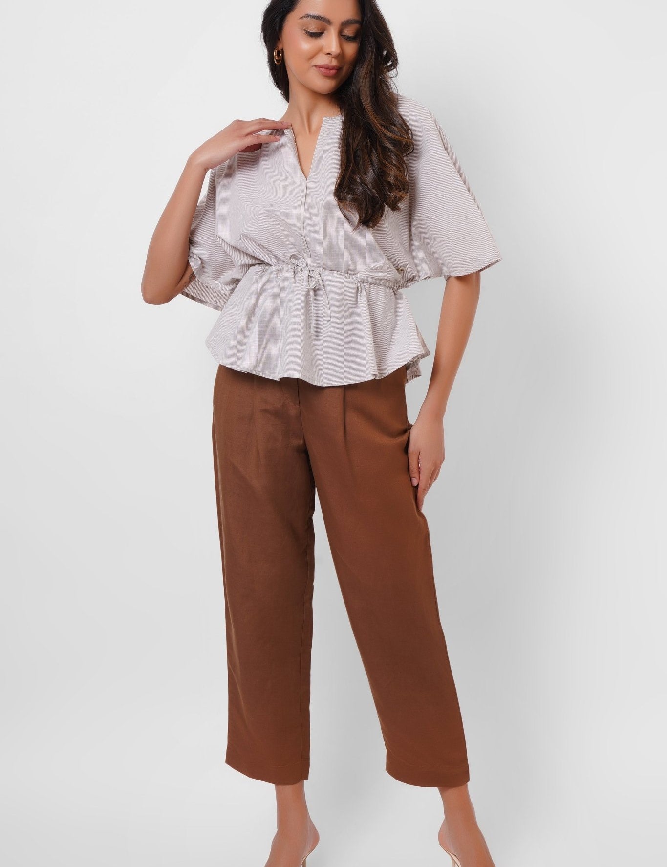 Beige Stripes Oversized Top With Drawstrings - Western Era Tops for women