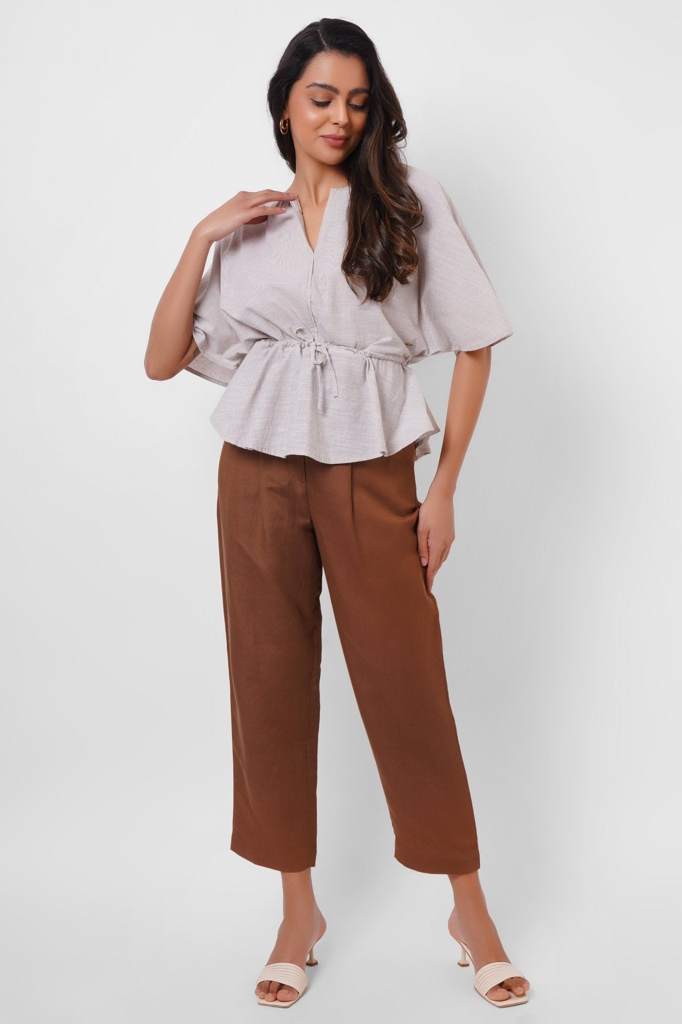 Beige Stripes Oversized Top With Drawstrings - Western Era Tops for women