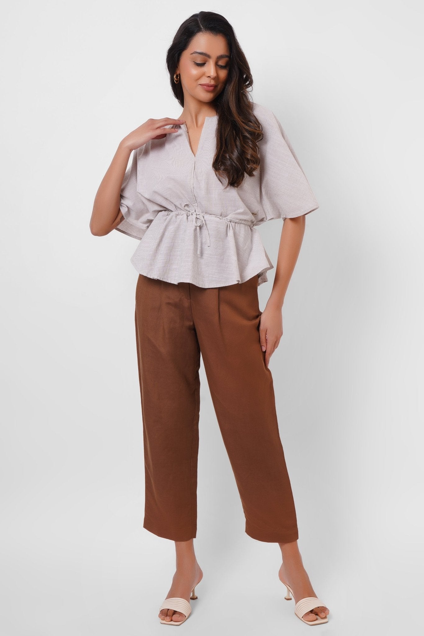 Beige Stripes Oversized Top With Drawstrings - Western Era Tops for women