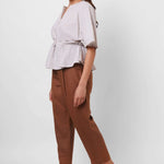 Beige Stripes Oversized Top With Drawstrings - Western Era Tops for women
