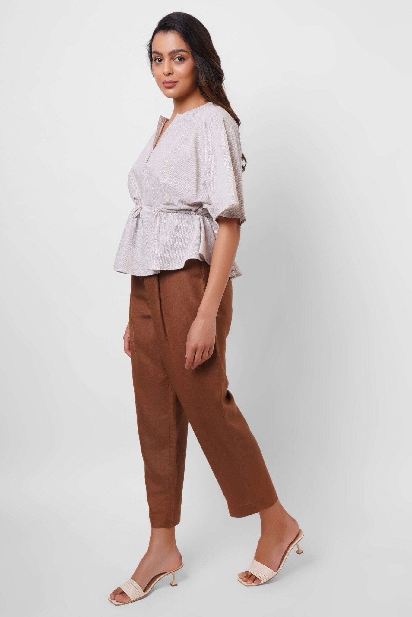 Beige Stripes Oversized Top With Drawstrings - Western Era Tops for women
