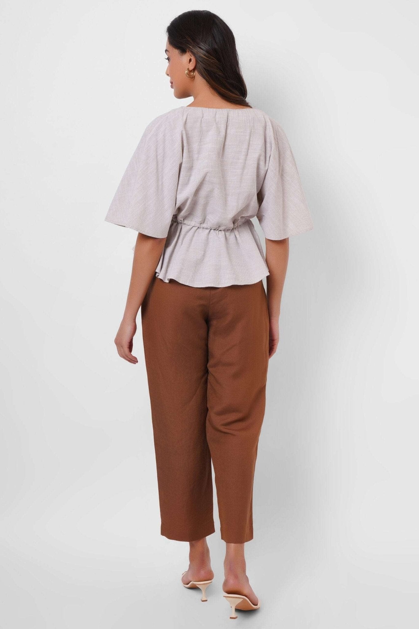 Beige Stripes Oversized Top With Drawstrings - Western Era Tops for women