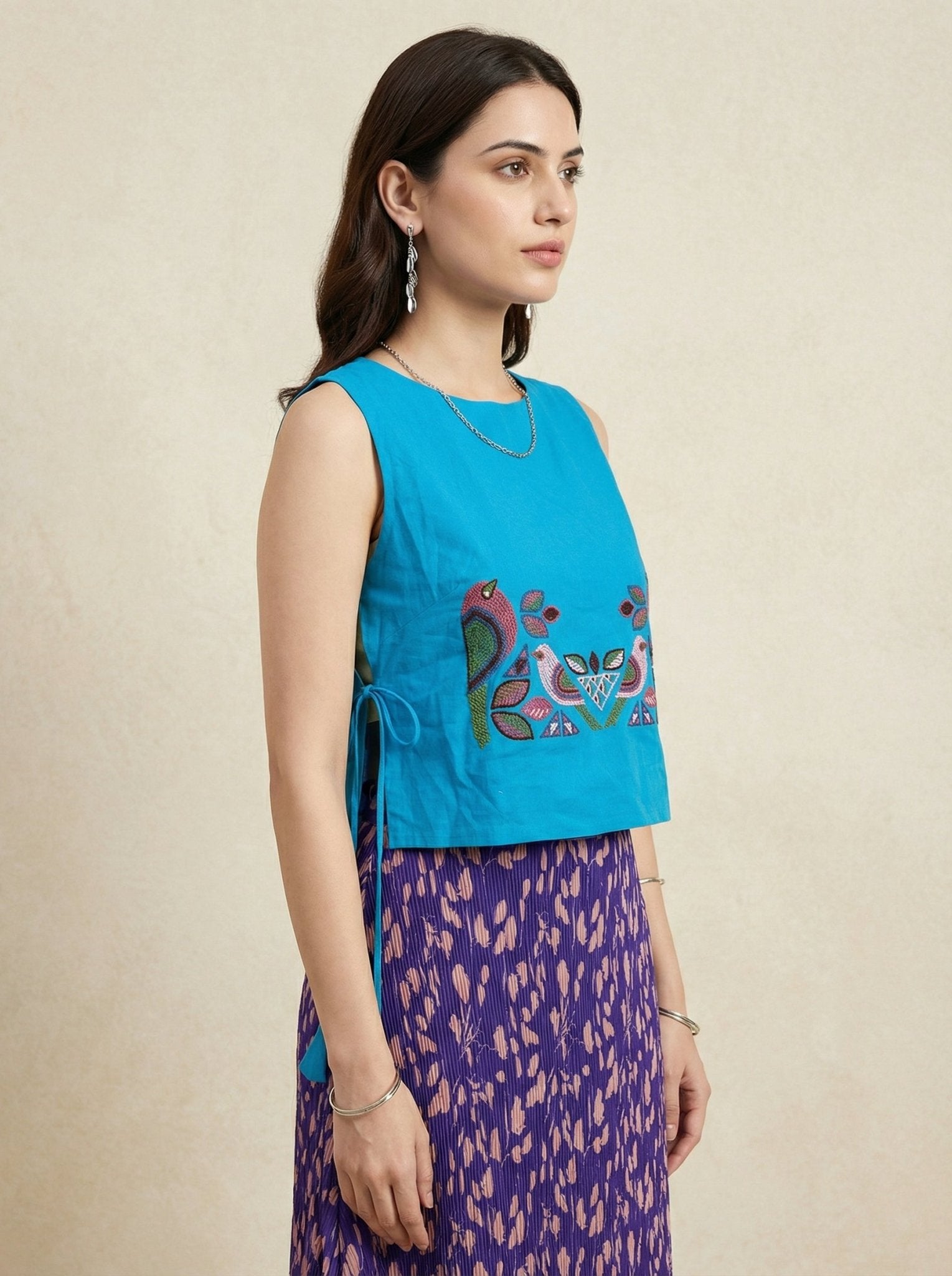 Bird Garden Cross loom Overtop with Adjustable Side Ties And Embroidery - Western Era Tops for women