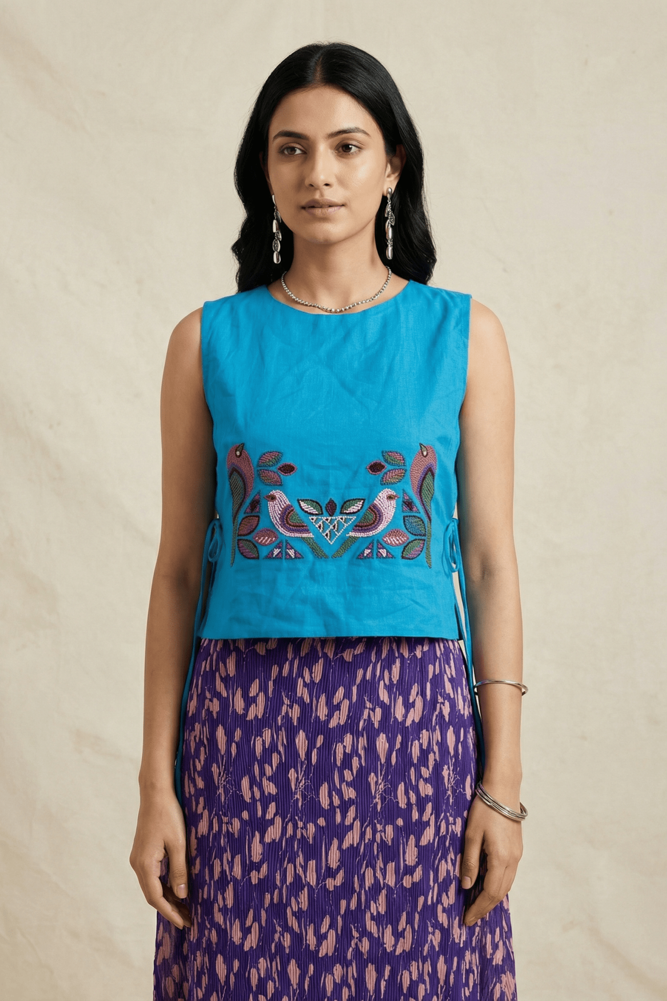 Bird Garden Cross loom Overtop with Adjustable Side Ties And Embroidery - Western Era Tops for women
