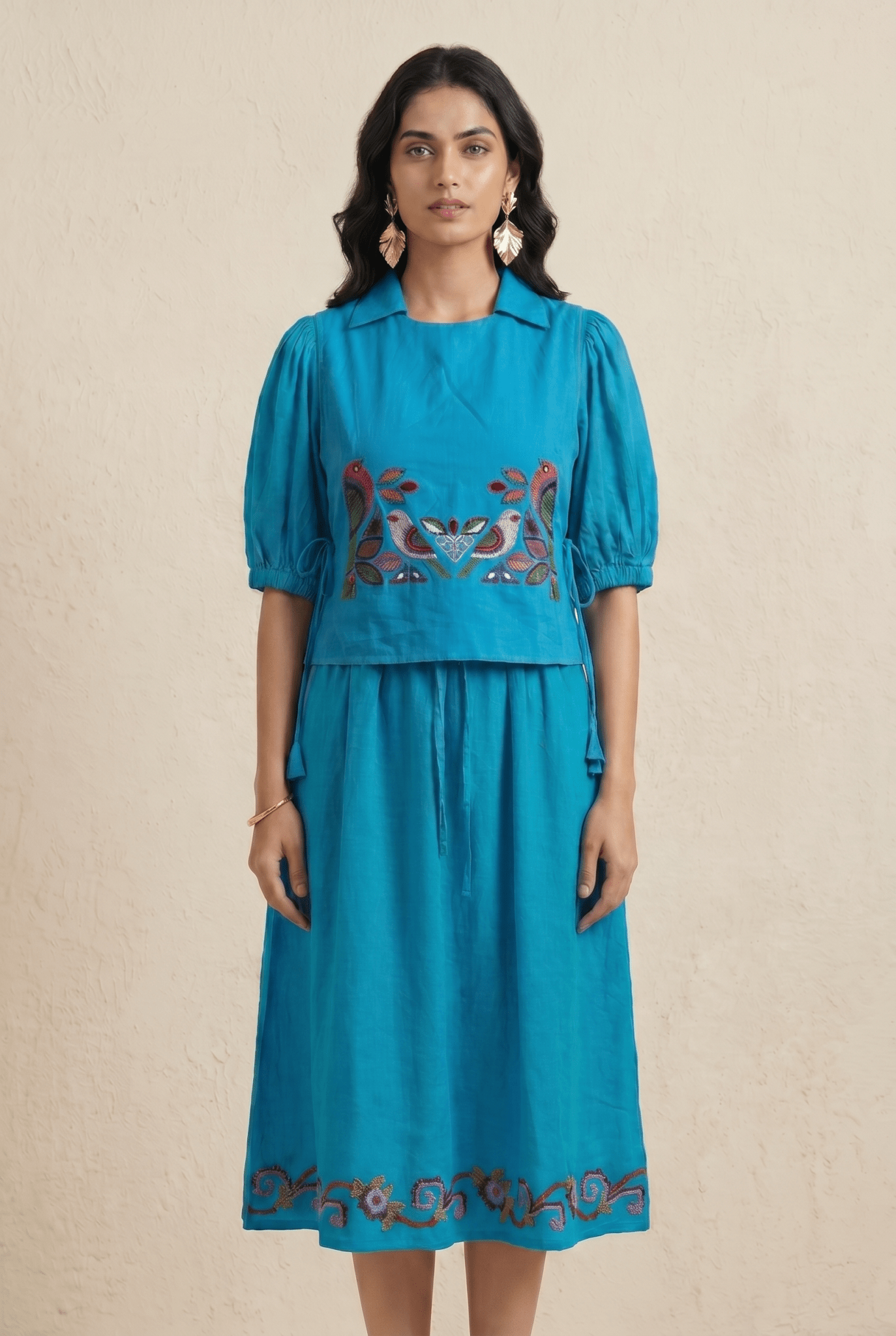 Bird Garden Cross loom Overtop with Adjustable Side Ties And Embroidery - Western Era Tops for women