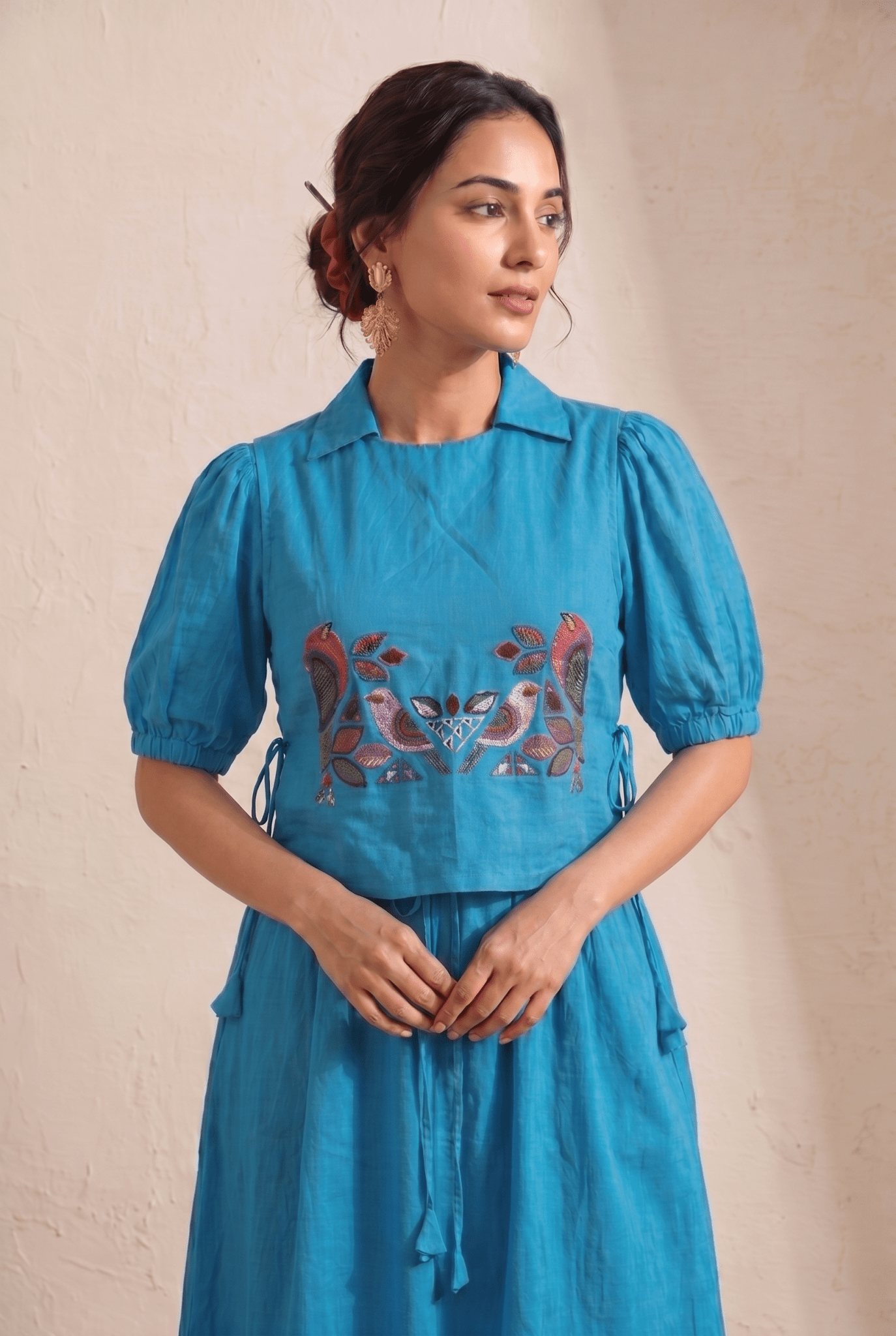 Bird Garden Cross loom Overtop with Adjustable Side Ties And Embroidery - Western Era Tops for women