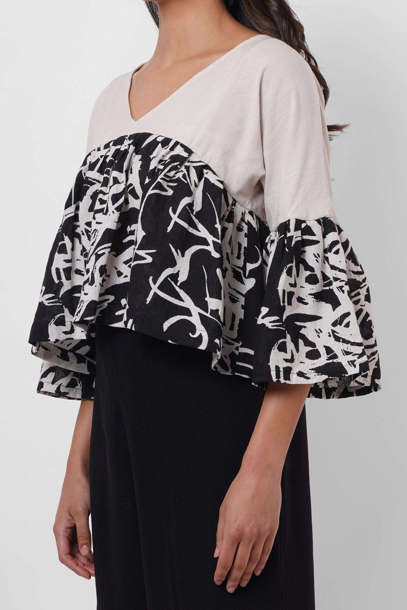 Black and White Linen Color Block Top - Western Era Tops for women