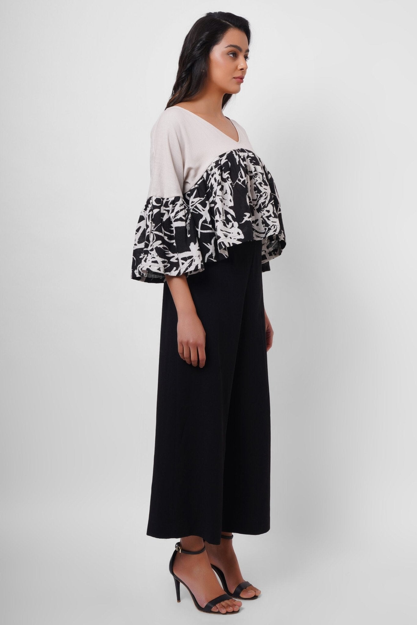 Black and White Linen Color Block Top - Western Era Tops for women