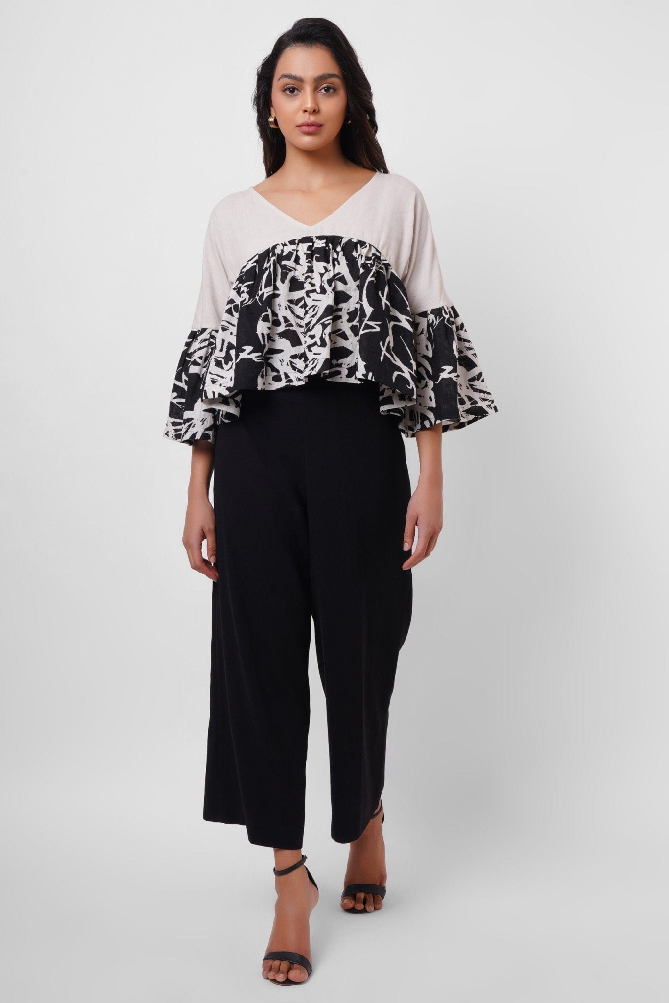 Black and White Linen Color Block Top - Western Era Tops for women